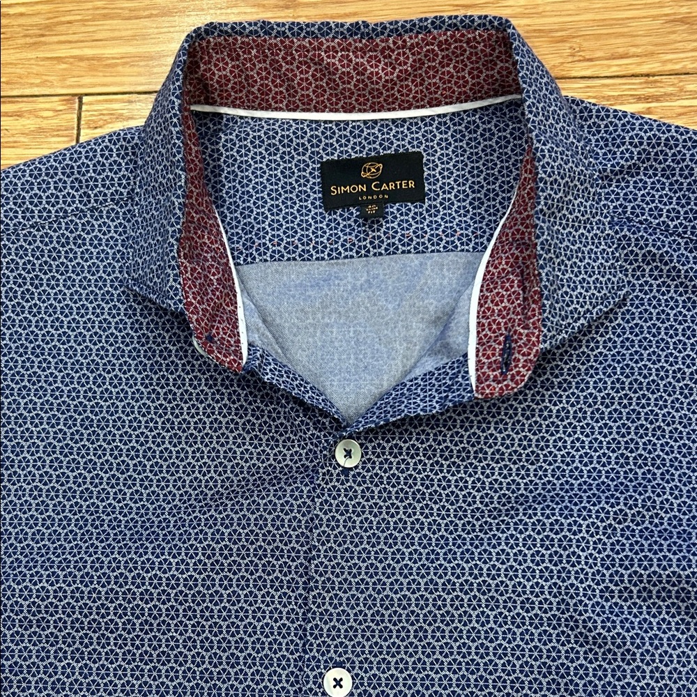 Simon Carter Navy Patterned Maroon Contrast Men's Business Casual Shirt NWOT 40